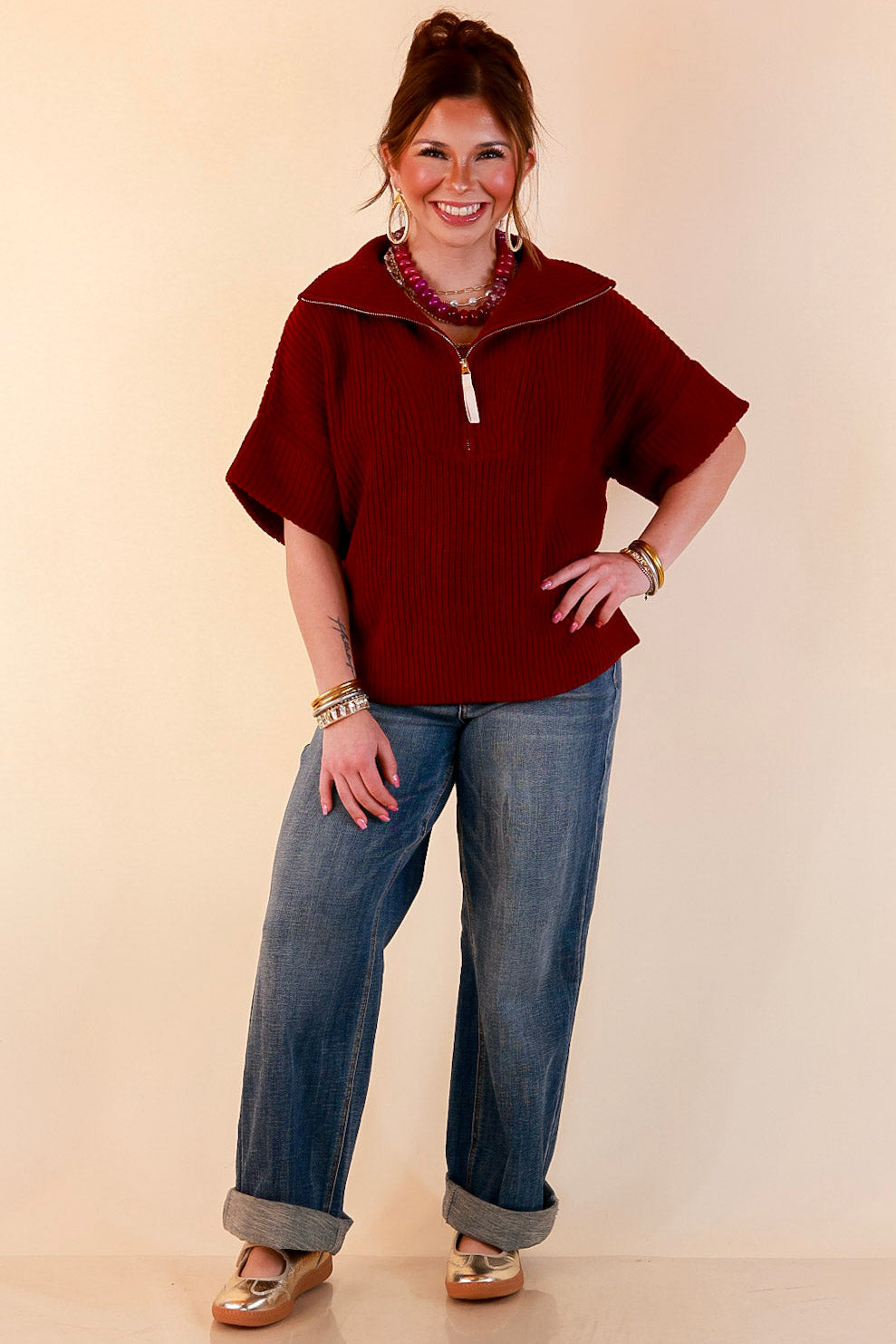 Zipped and Ready Ribbed Knit Half Zip Collared Short Sleeve Sweater Top in Maroon