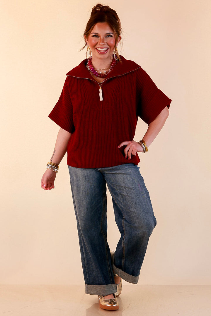 Zipped and Ready Ribbed Knit Half Zip Collared Short Sleeve Sweater Top in Maroon