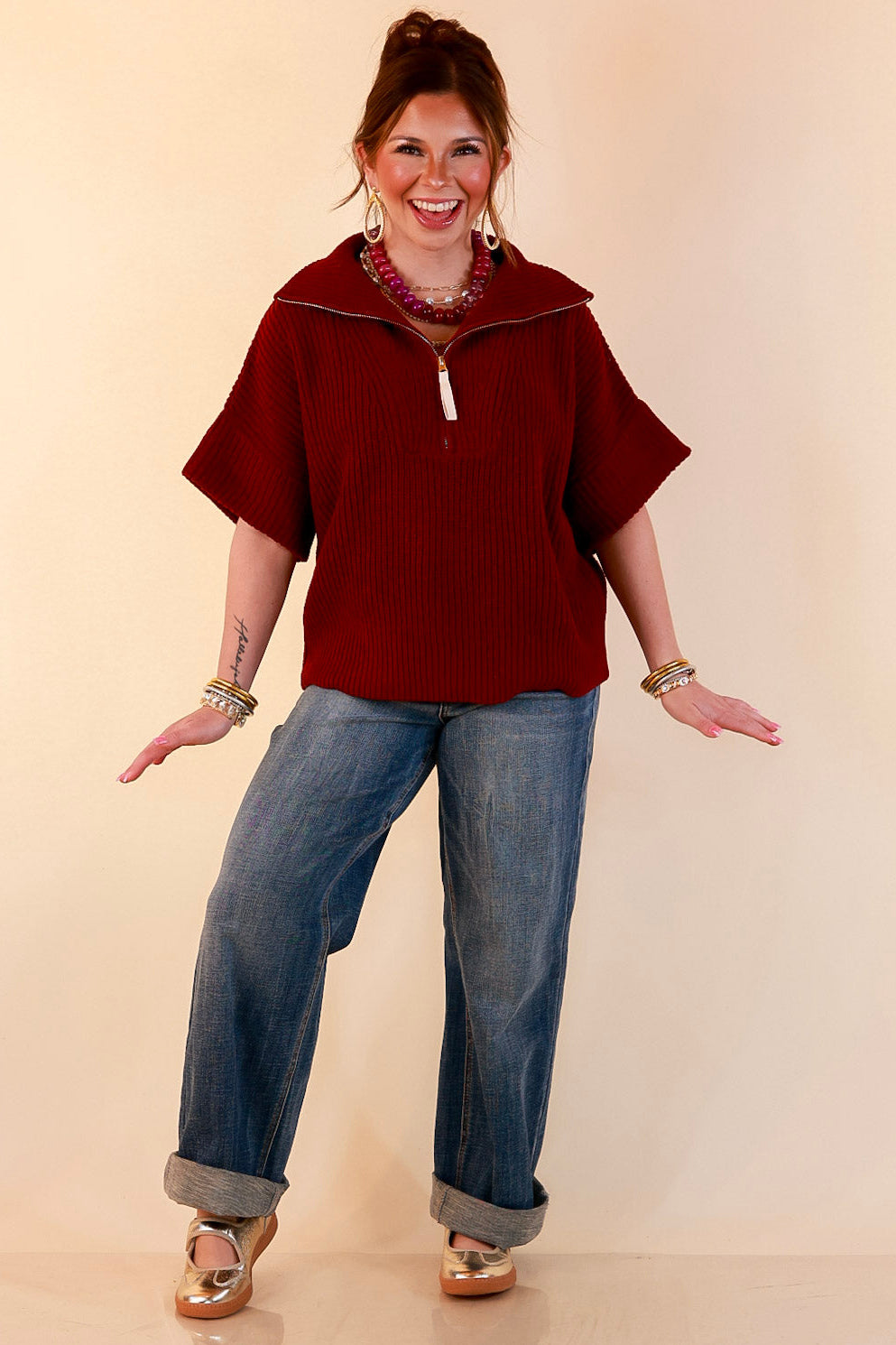 Zipped and Ready Ribbed Knit Half Zip Collared Short Sleeve Sweater Top in Maroon