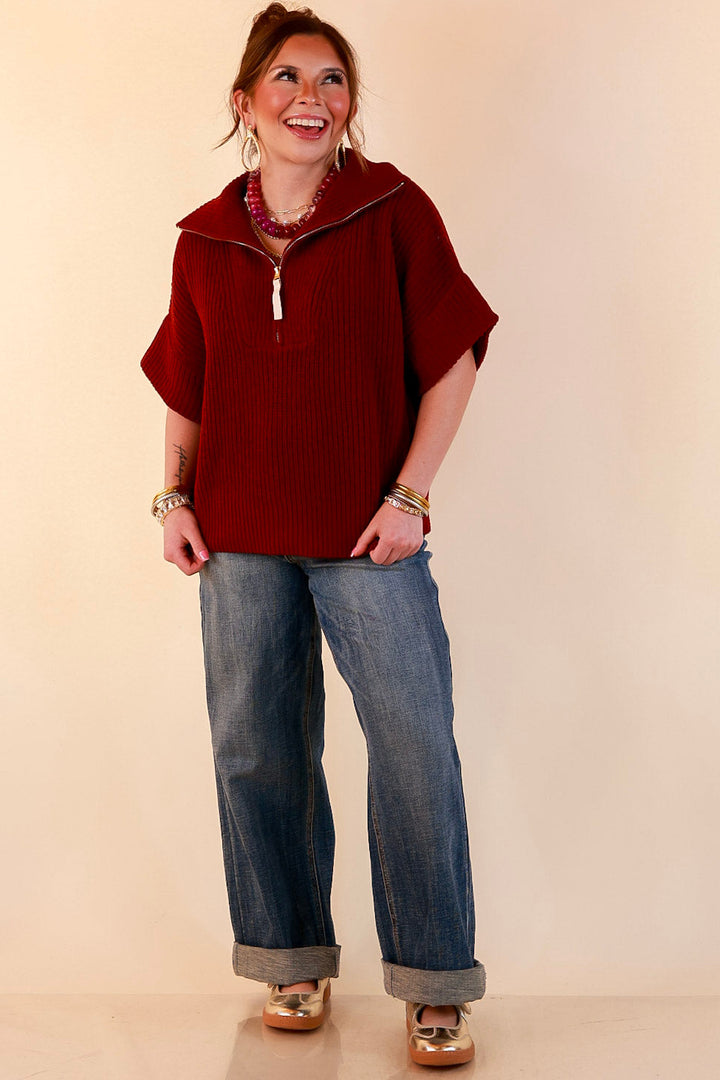Zipped and Ready Ribbed Knit Half Zip Collared Short Sleeve Sweater Top in Maroon
