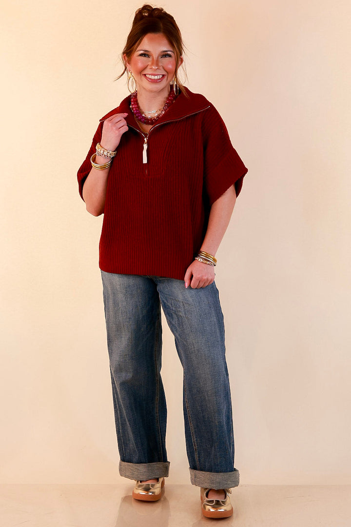 Zipped and Ready Ribbed Knit Half Zip Collared Short Sleeve Sweater Top in Maroon