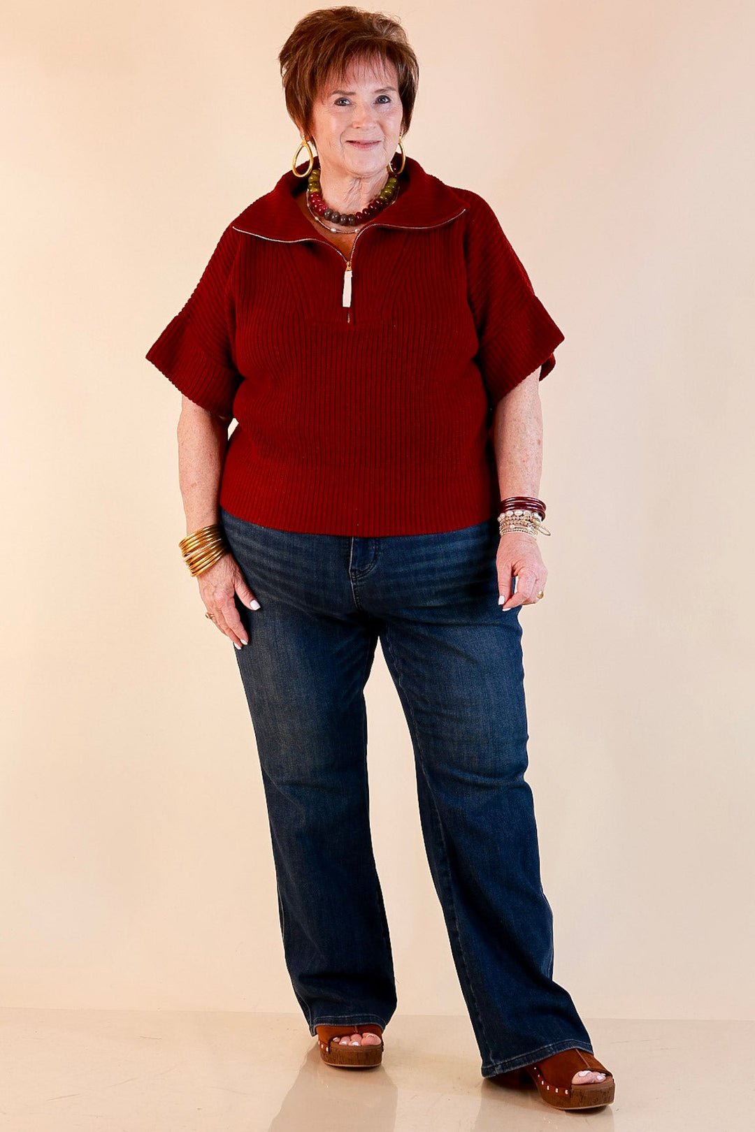 Zipped and Ready Ribbed Knit Half Zip Collared Short Sleeve Sweater Top in Maroon