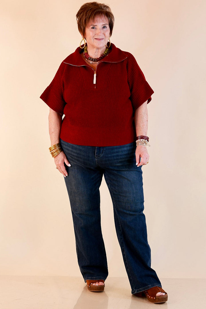 Zipped and Ready Ribbed Knit Half Zip Collared Short Sleeve Sweater Top in Maroon