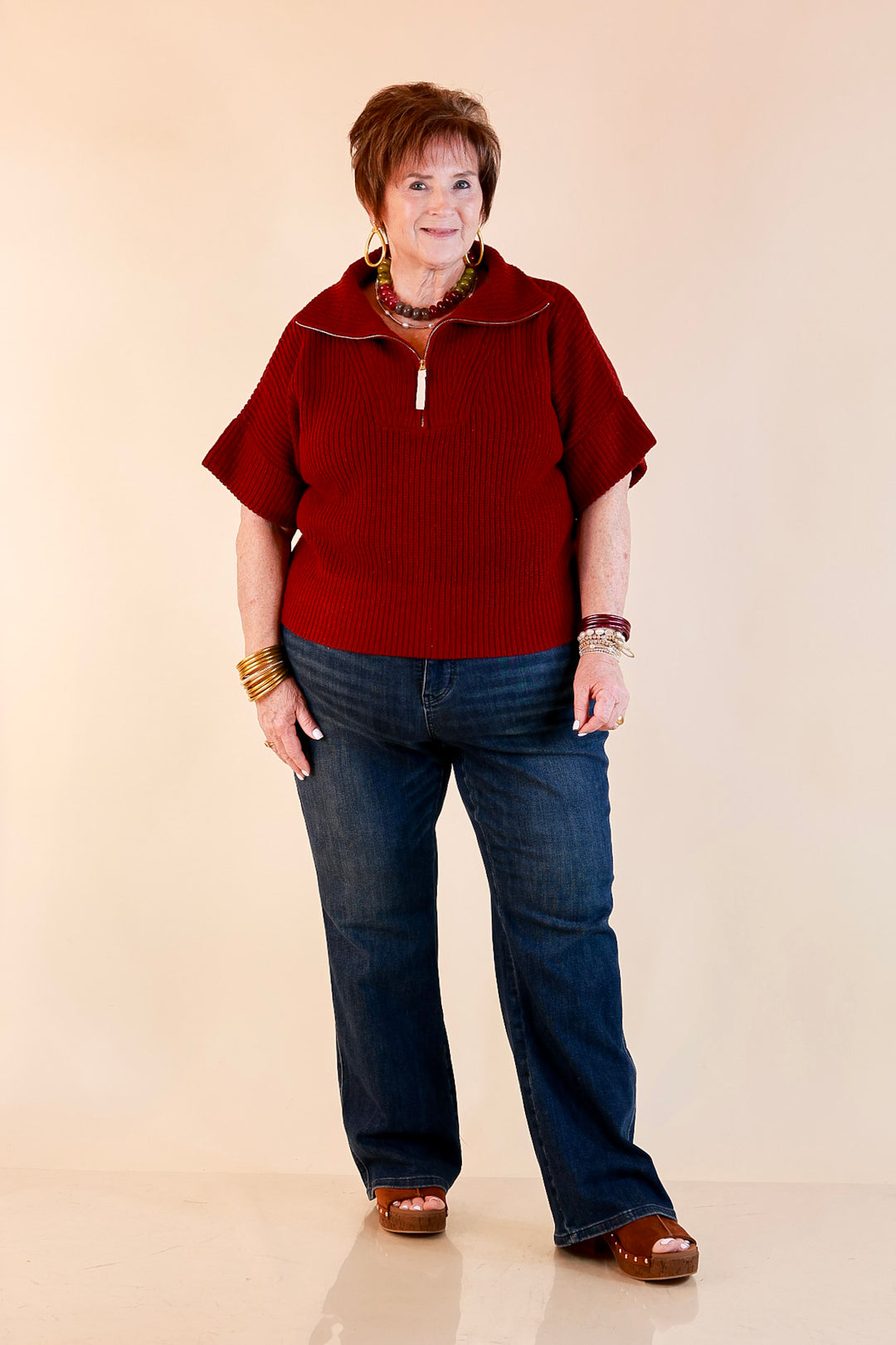 Zipped and Ready Ribbed Knit Half Zip Collared Short Sleeve Sweater Top in Maroon