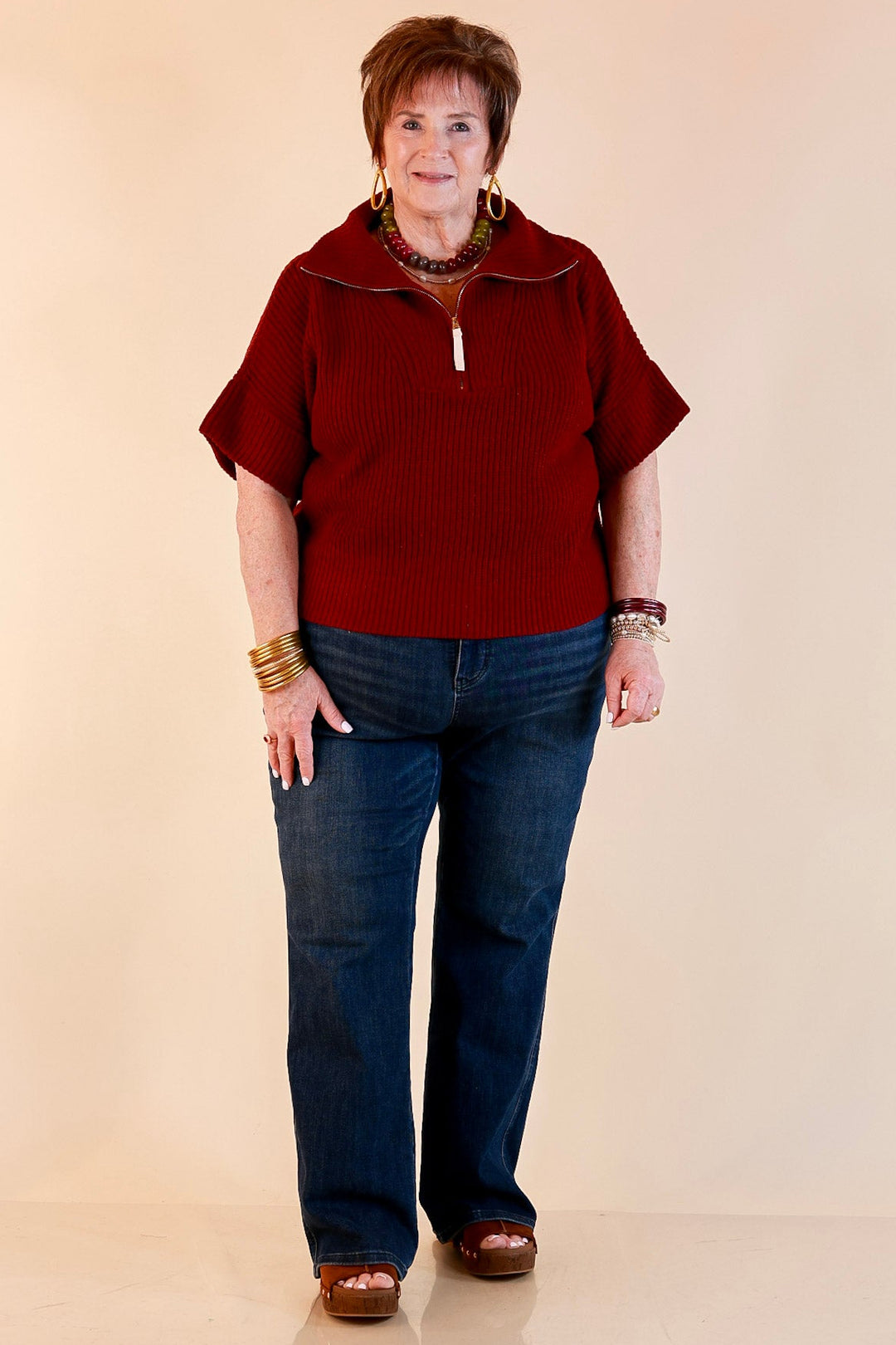 Zipped and Ready Ribbed Knit Half Zip Collared Short Sleeve Sweater Top in Maroon