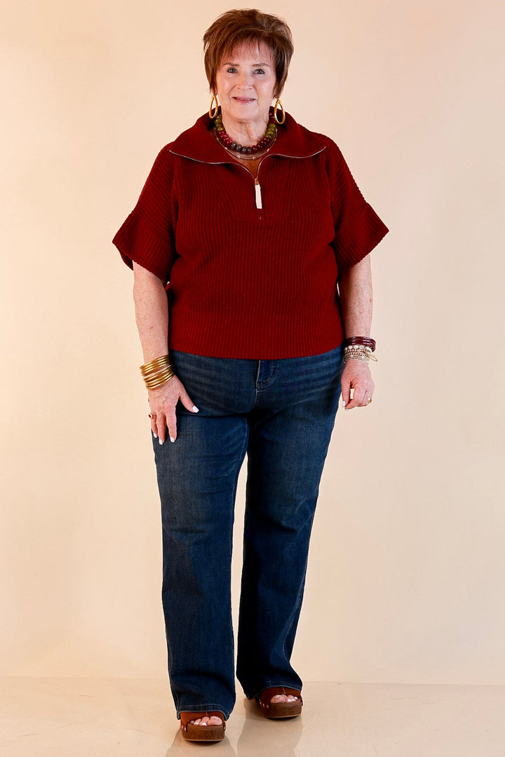 Zipped and Ready Ribbed Knit Half Zip Collared Short Sleeve Sweater Top in Maroon