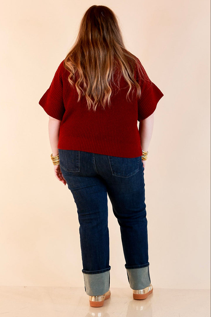 Zipped and Ready Ribbed Knit Half Zip Collared Short Sleeve Sweater Top in Maroon