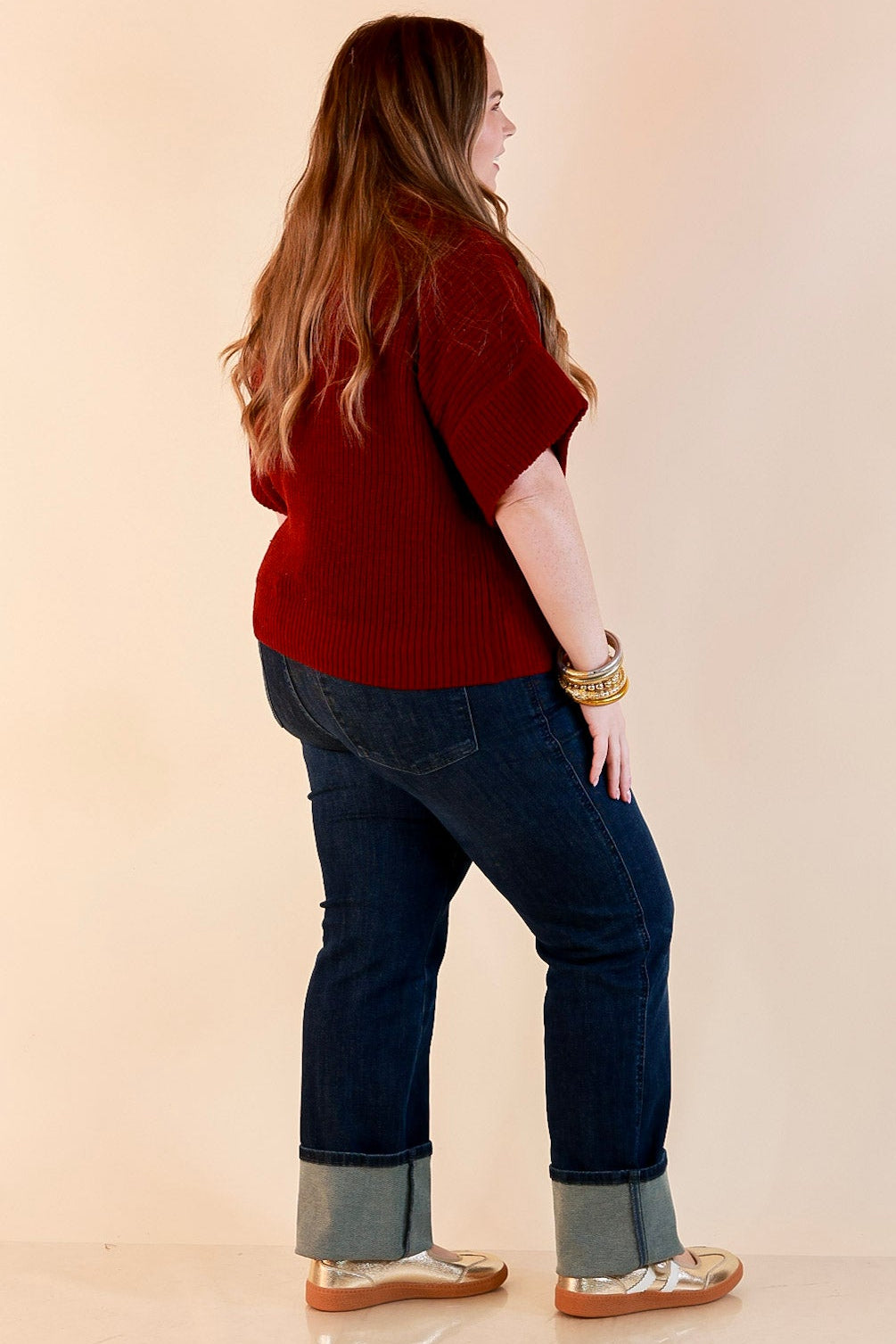 Zipped and Ready Ribbed Knit Half Zip Collared Short Sleeve Sweater Top in Maroon