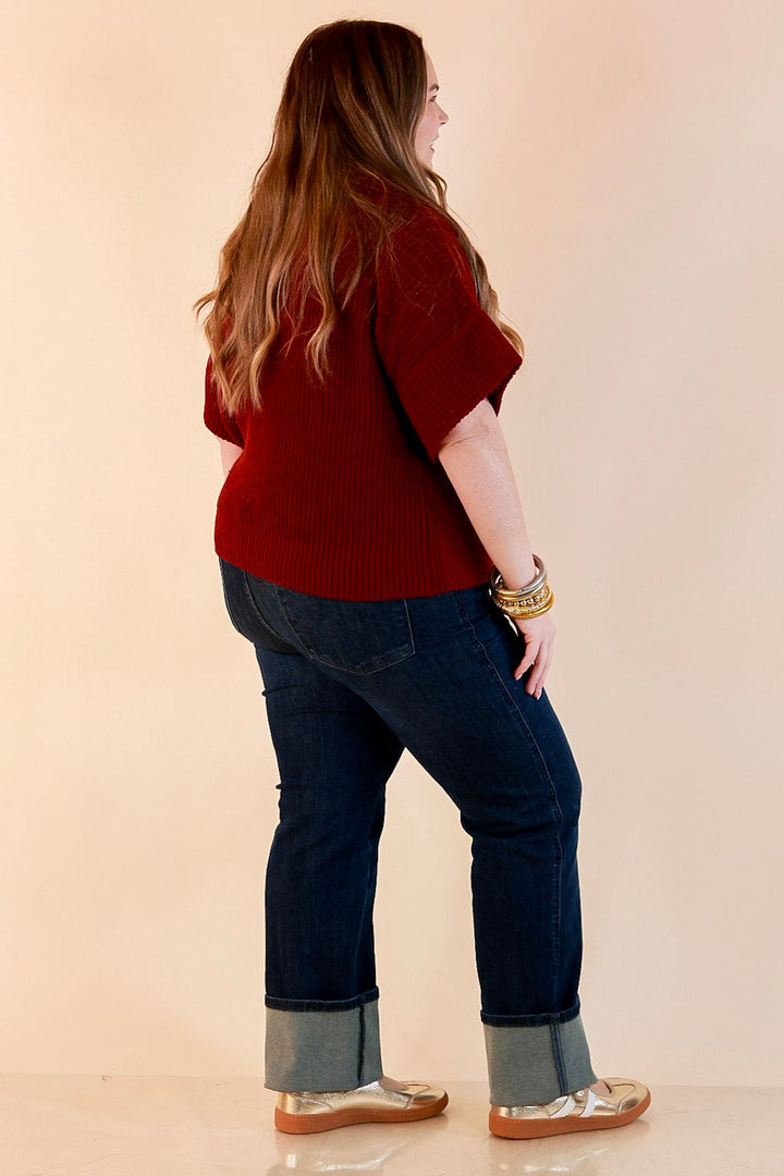 Zipped and Ready Ribbed Knit Half Zip Collared Short Sleeve Sweater Top in Maroon