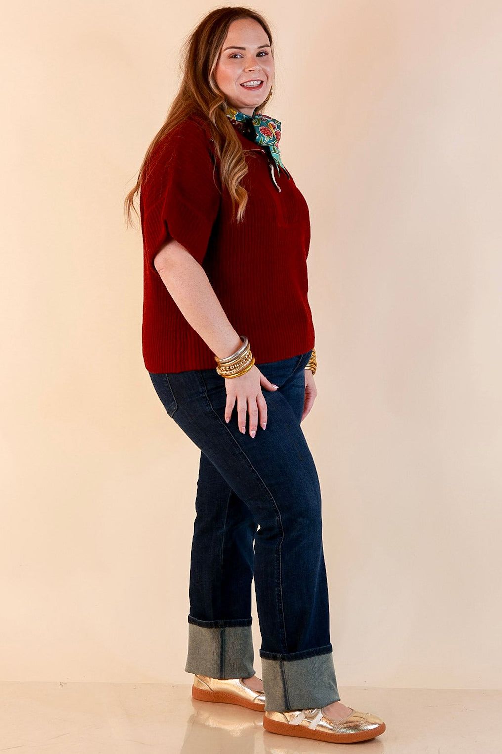 Zipped and Ready Ribbed Knit Half Zip Collared Short Sleeve Sweater Top in Maroon
