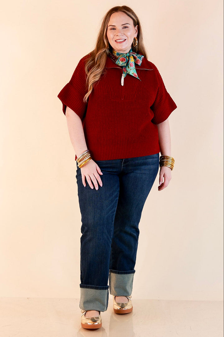 Zipped and Ready Ribbed Knit Half Zip Collared Short Sleeve Sweater Top in Maroon