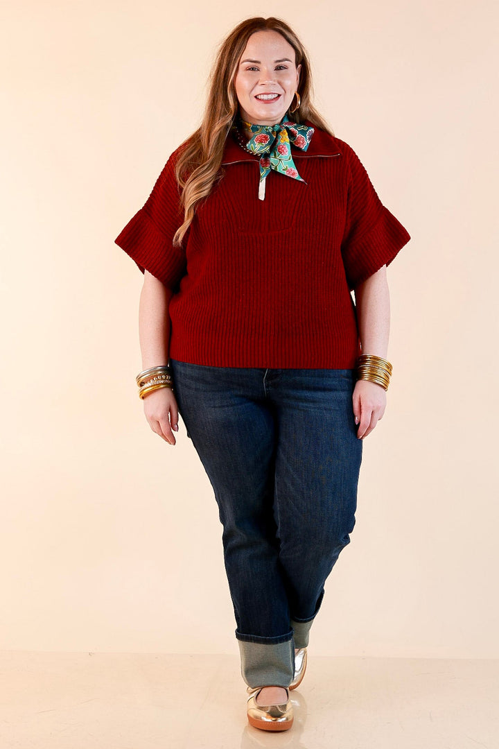 Zipped and Ready Ribbed Knit Half Zip Collared Short Sleeve Sweater Top in Maroon