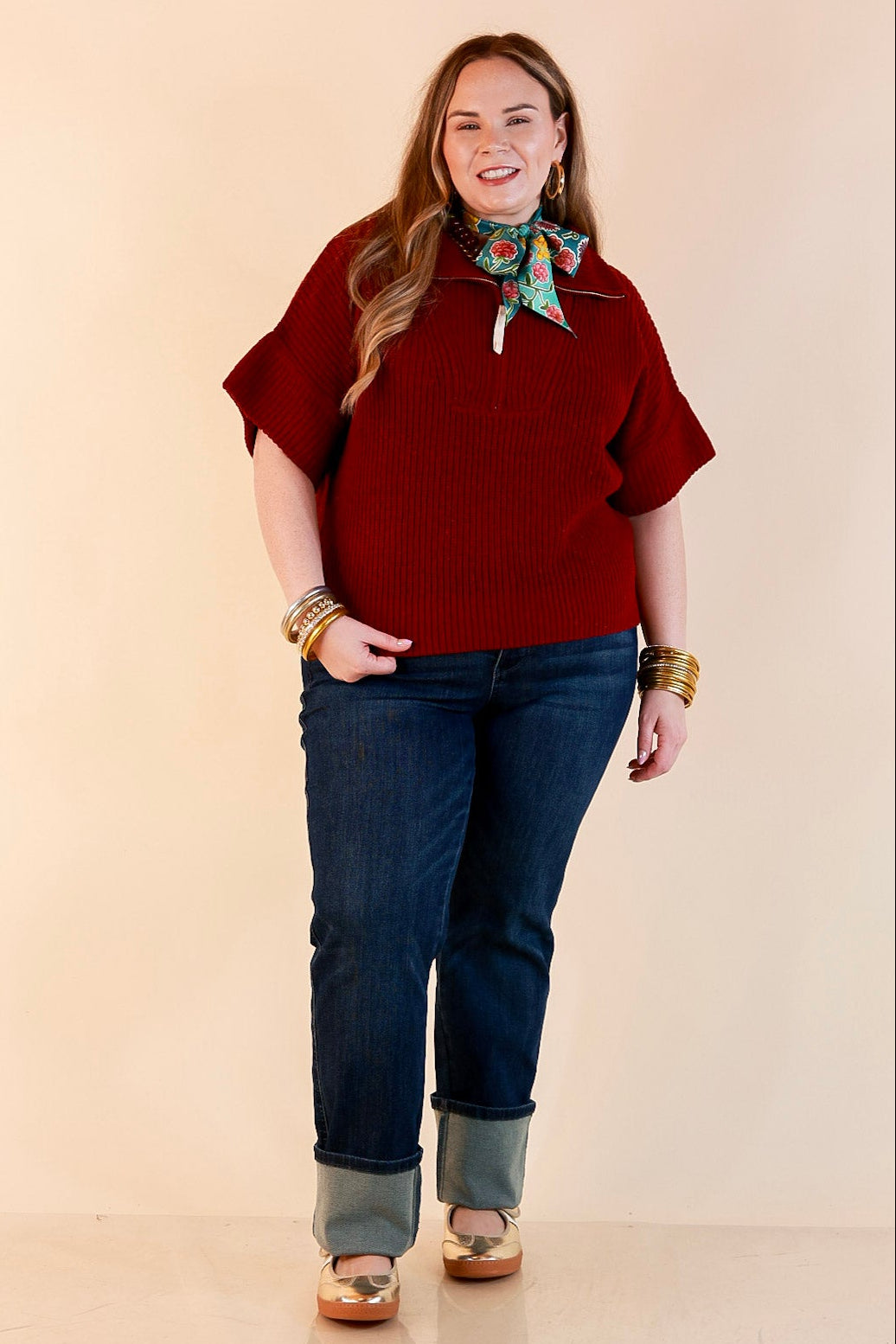 Zipped and Ready Ribbed Knit Half Zip Collared Short Sleeve Sweater Top in Maroon