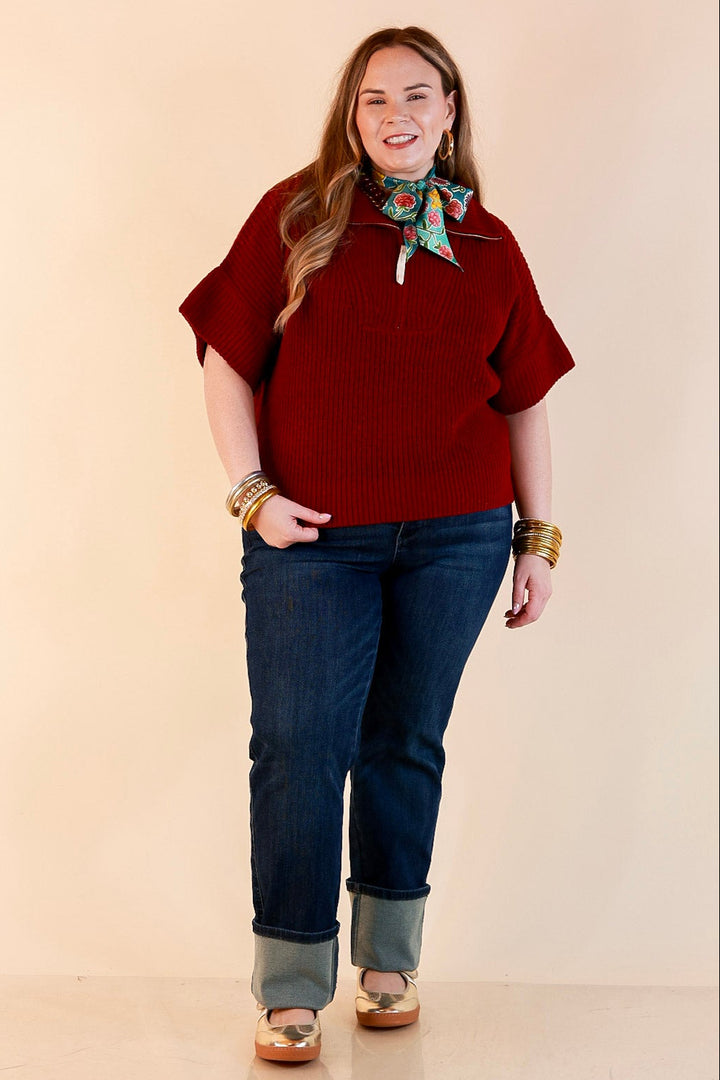Zipped and Ready Ribbed Knit Half Zip Collared Short Sleeve Sweater Top in Maroon
