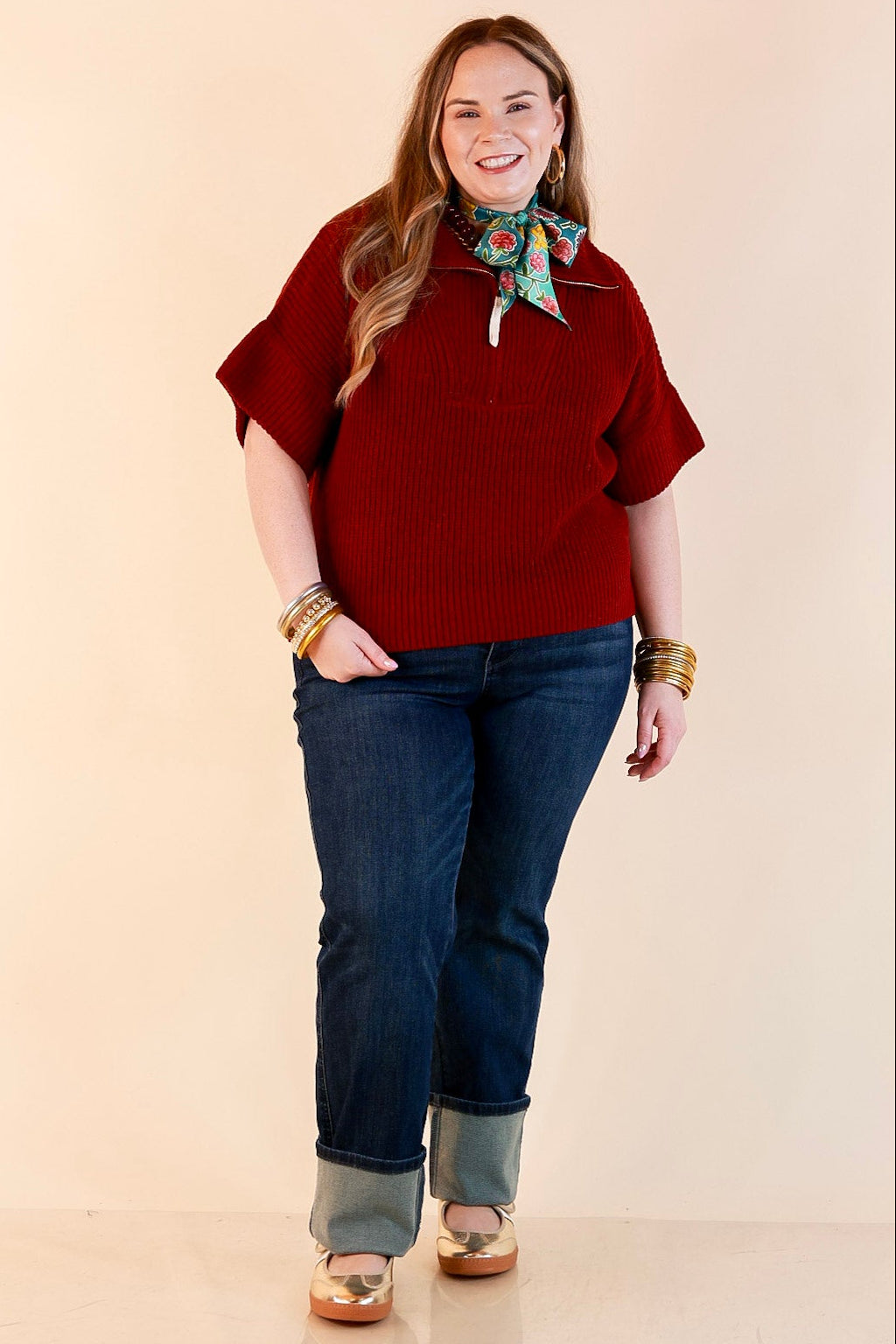 Zipped and Ready Ribbed Knit Half Zip Collared Short Sleeve Sweater Top in Maroon