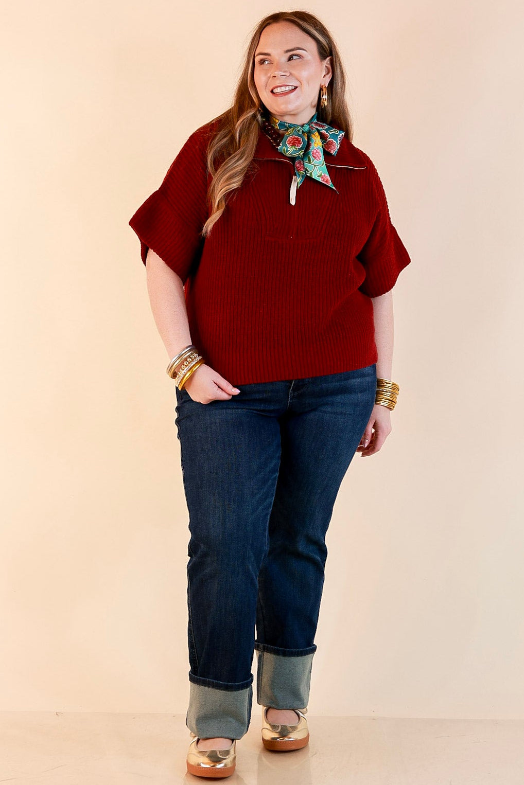 Zipped and Ready Ribbed Knit Half Zip Collared Short Sleeve Sweater Top in Maroon