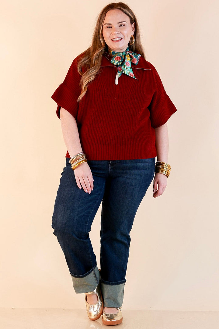 Zipped and Ready Ribbed Knit Half Zip Collared Short Sleeve Sweater Top in Maroon