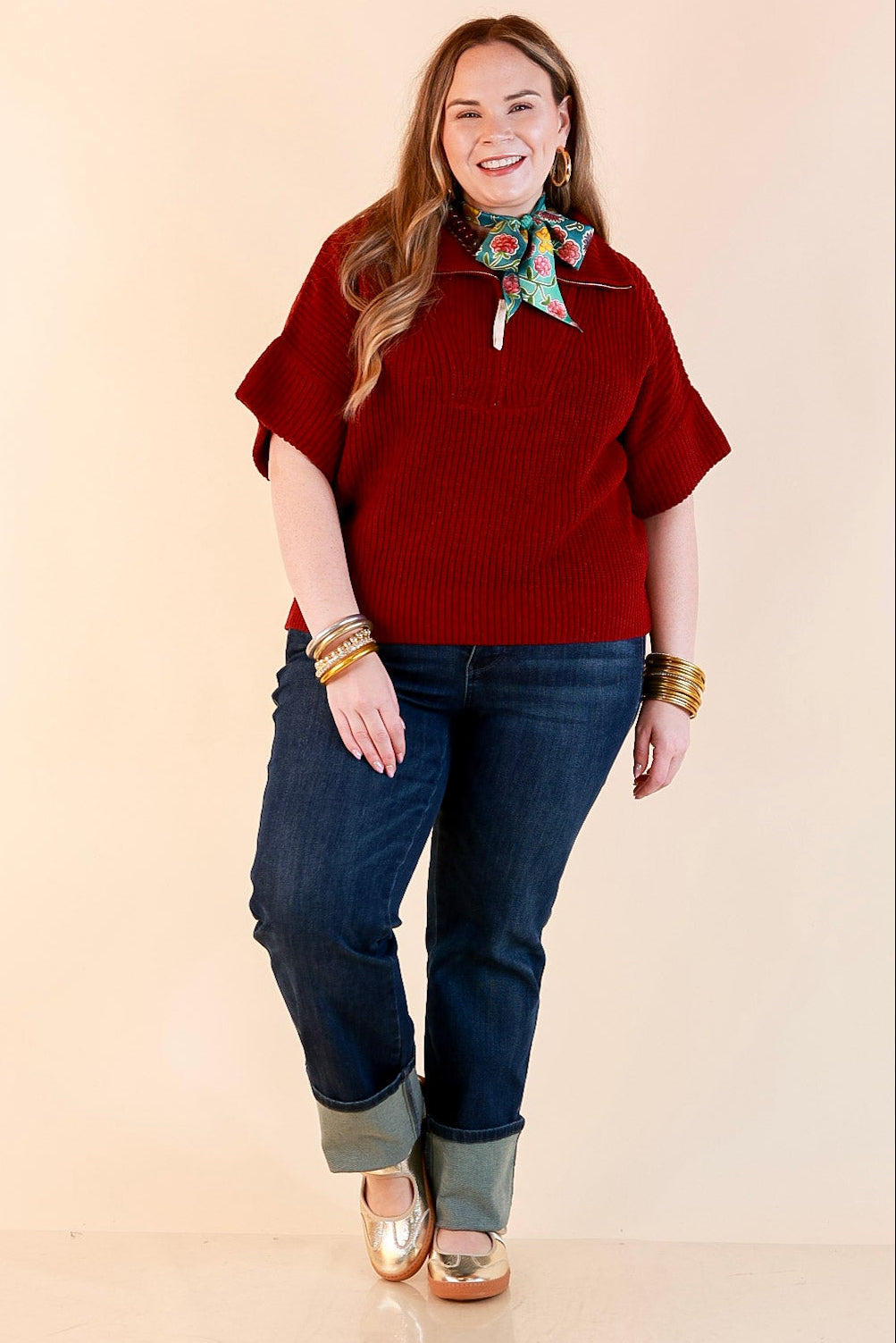 Zipped and Ready Ribbed Knit Half Zip Collared Short Sleeve Sweater Top in Maroon