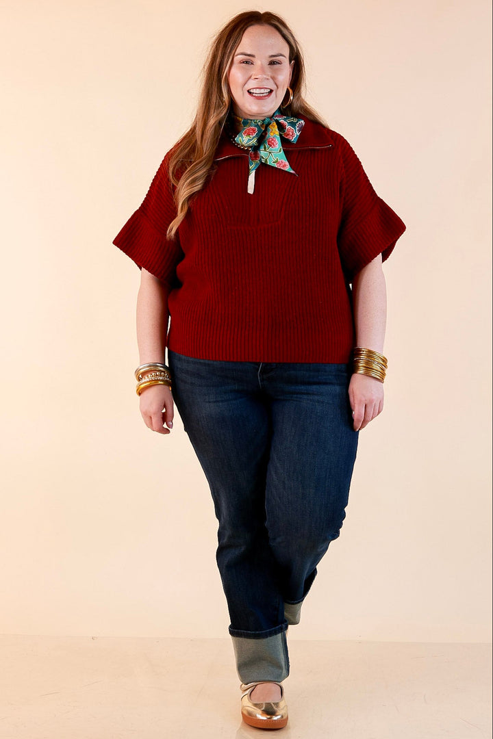 Zipped and Ready Ribbed Knit Half Zip Collared Short Sleeve Sweater Top in Maroon