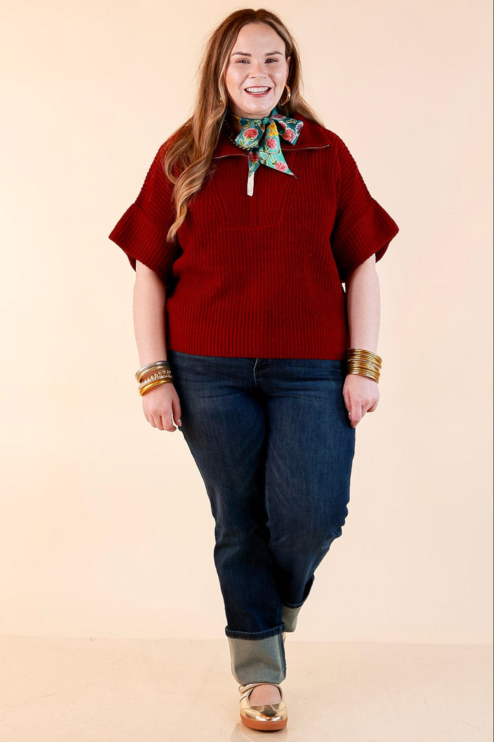 Zipped and Ready Ribbed Knit Half Zip Collared Short Sleeve Sweater Top in Maroon