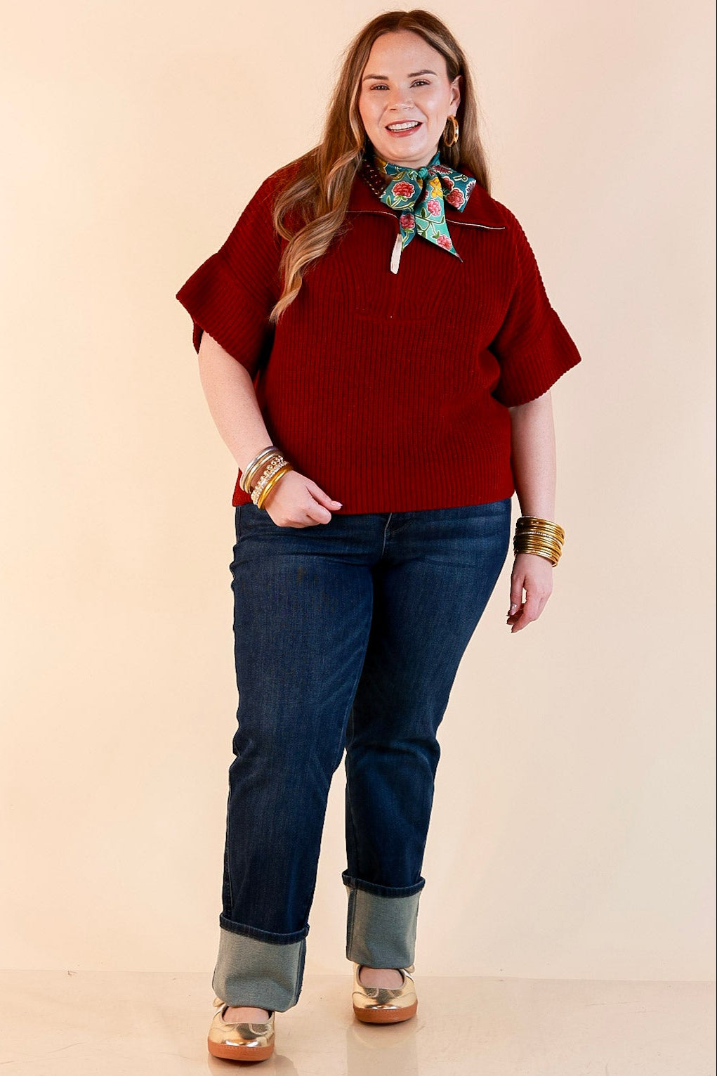 Zipped and Ready Ribbed Knit Half Zip Collared Short Sleeve Sweater Top in Maroon
