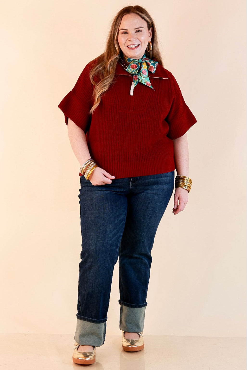 Zipped and Ready Ribbed Knit Half Zip Collared Short Sleeve Sweater Top in Maroon