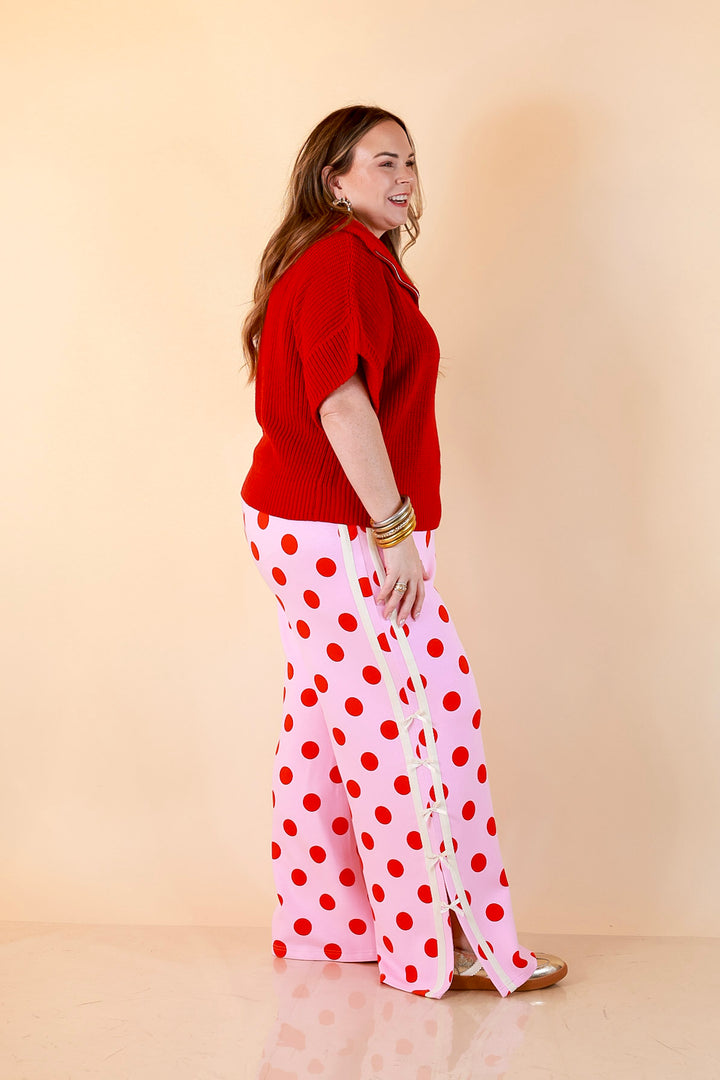 Zipped and Ready Ribbed Knit Half Zip Collared Short Sleeve Sweater Top in Red