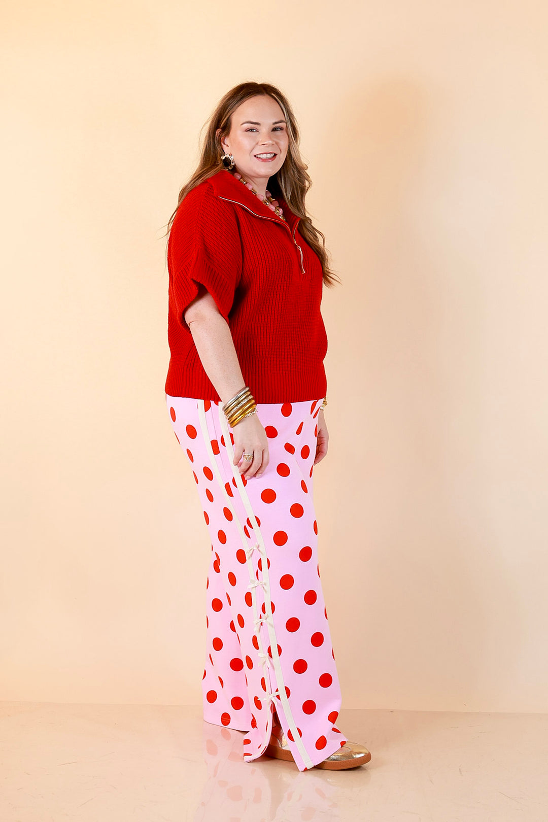 Zipped and Ready Ribbed Knit Half Zip Collared Short Sleeve Sweater Top in Red