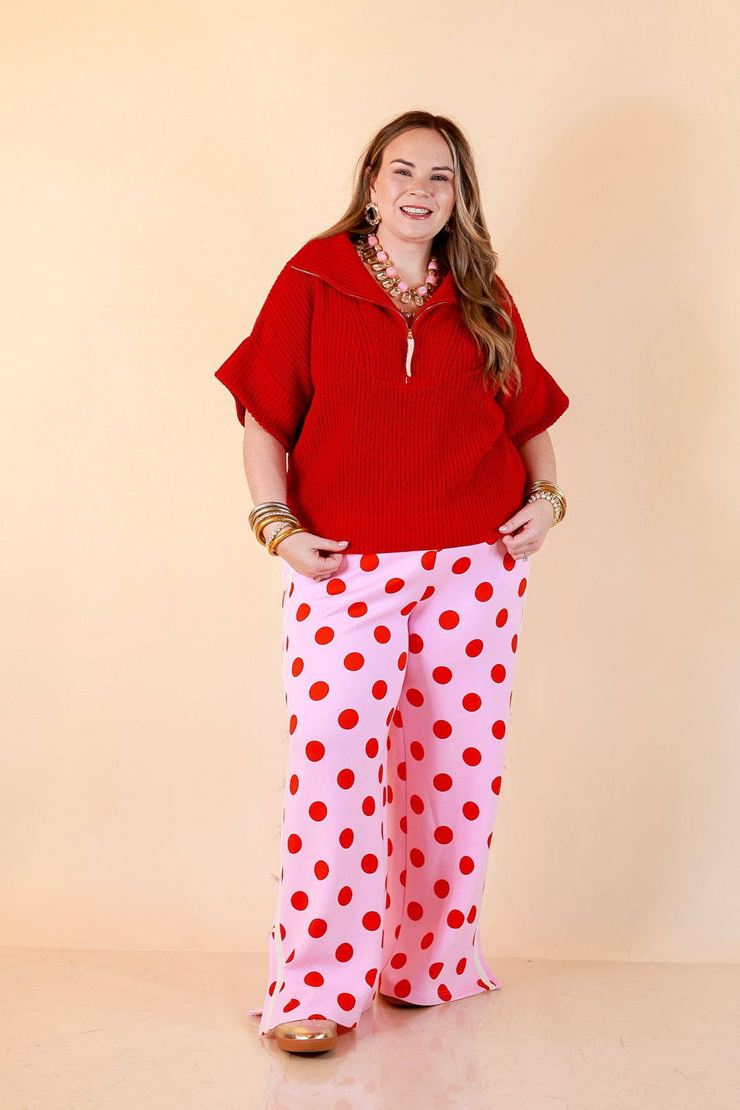 Zipped and Ready Ribbed Knit Half Zip Collared Short Sleeve Sweater Top in Red