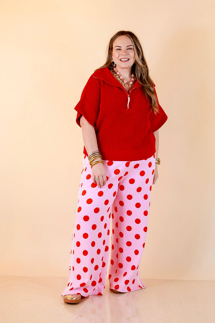 Zipped and Ready Ribbed Knit Half Zip Collared Short Sleeve Sweater Top in Red