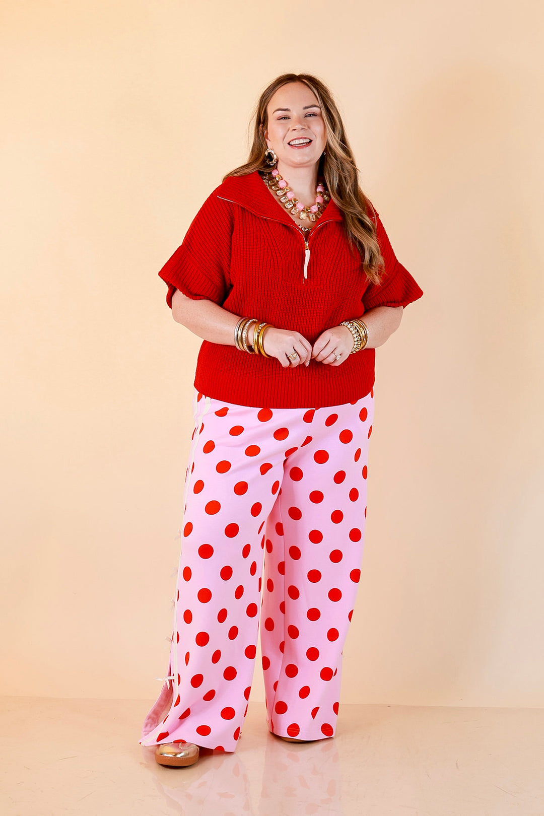 Zipped and Ready Ribbed Knit Half Zip Collared Short Sleeve Sweater Top in Red
