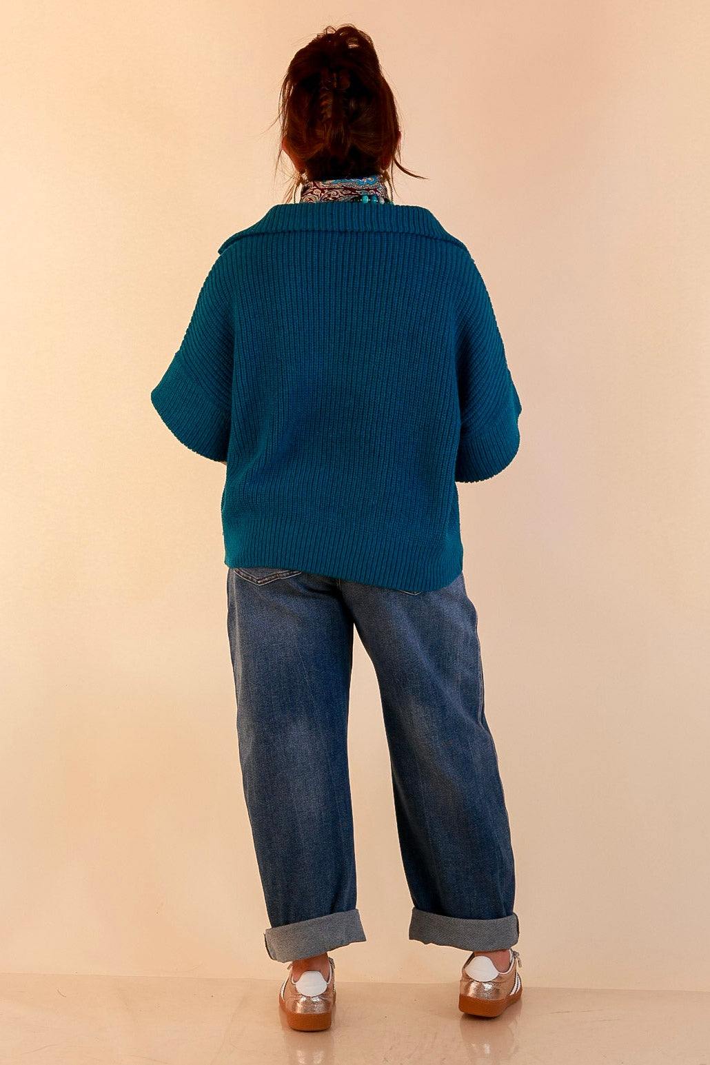Zipped and Ready Ribbed Knit Half Zip Collared Short Sleeve Sweater Top in Teal