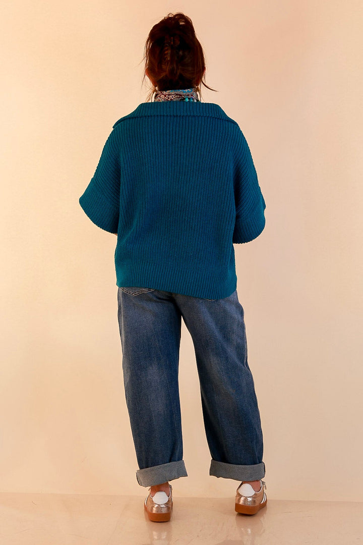Zipped and Ready Ribbed Knit Half Zip Collared Short Sleeve Sweater Top in Teal