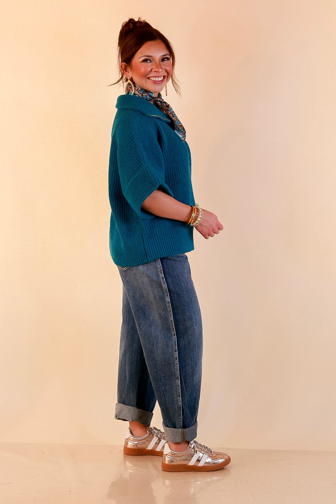 Zipped and Ready Ribbed Knit Half Zip Collared Short Sleeve Sweater Top in Teal