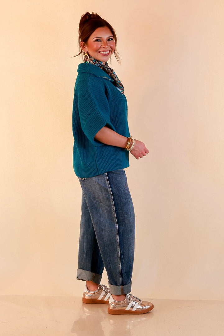 Zipped and Ready Ribbed Knit Half Zip Collared Short Sleeve Sweater Top in Teal