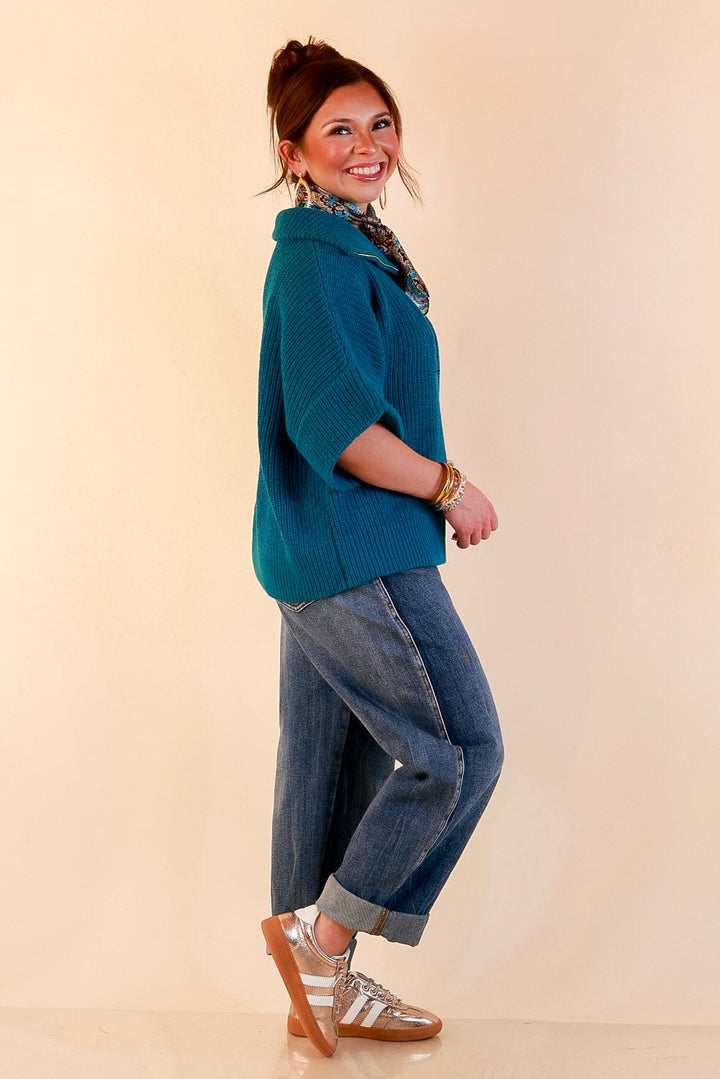 Zipped and Ready Ribbed Knit Half Zip Collared Short Sleeve Sweater Top in Teal