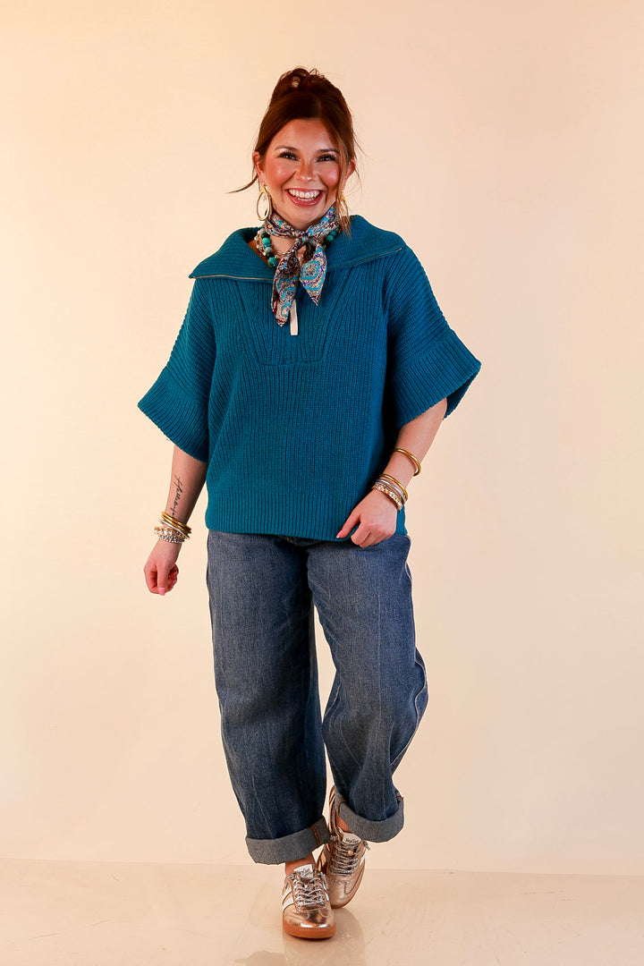 Zipped and Ready Ribbed Knit Half Zip Collared Short Sleeve Sweater Top in Teal
