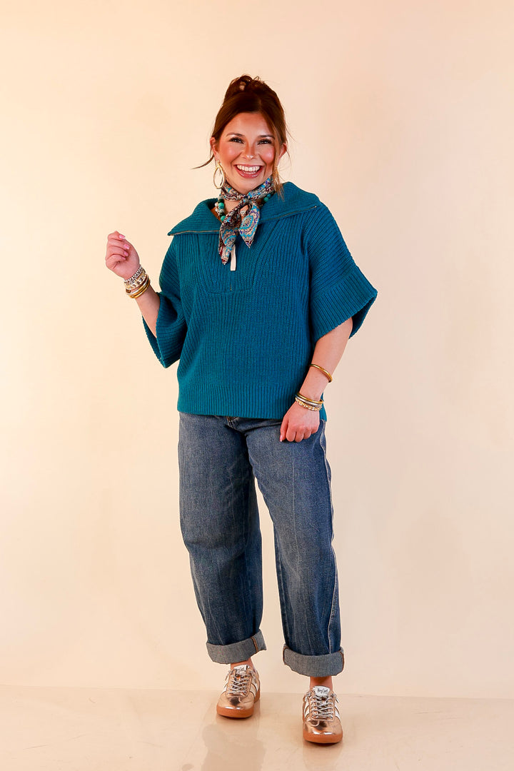 Zipped and Ready Ribbed Knit Half Zip Collared Short Sleeve Sweater Top in Teal