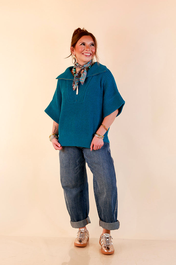 Zipped and Ready Ribbed Knit Half Zip Collared Short Sleeve Sweater Top in Teal