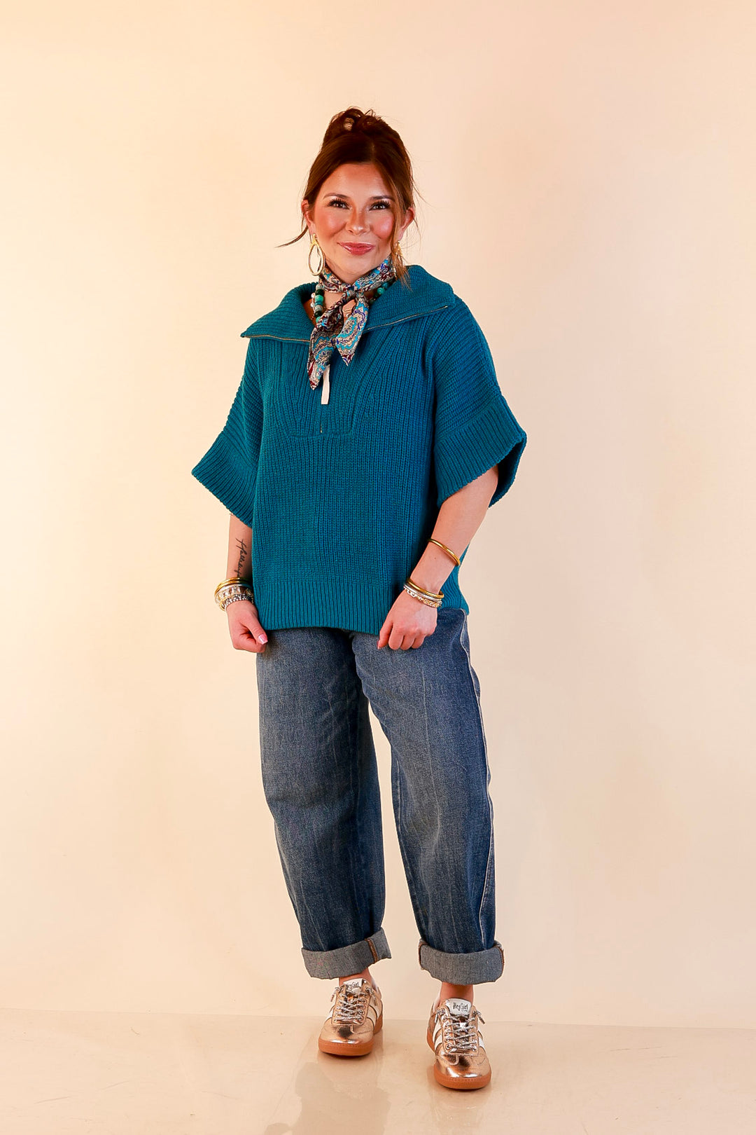Zipped and Ready Ribbed Knit Half Zip Collared Short Sleeve Sweater Top in Teal
