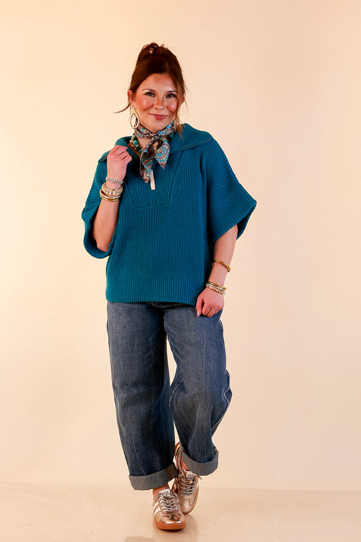 Zipped and Ready Ribbed Knit Half Zip Collared Short Sleeve Sweater Top in Teal