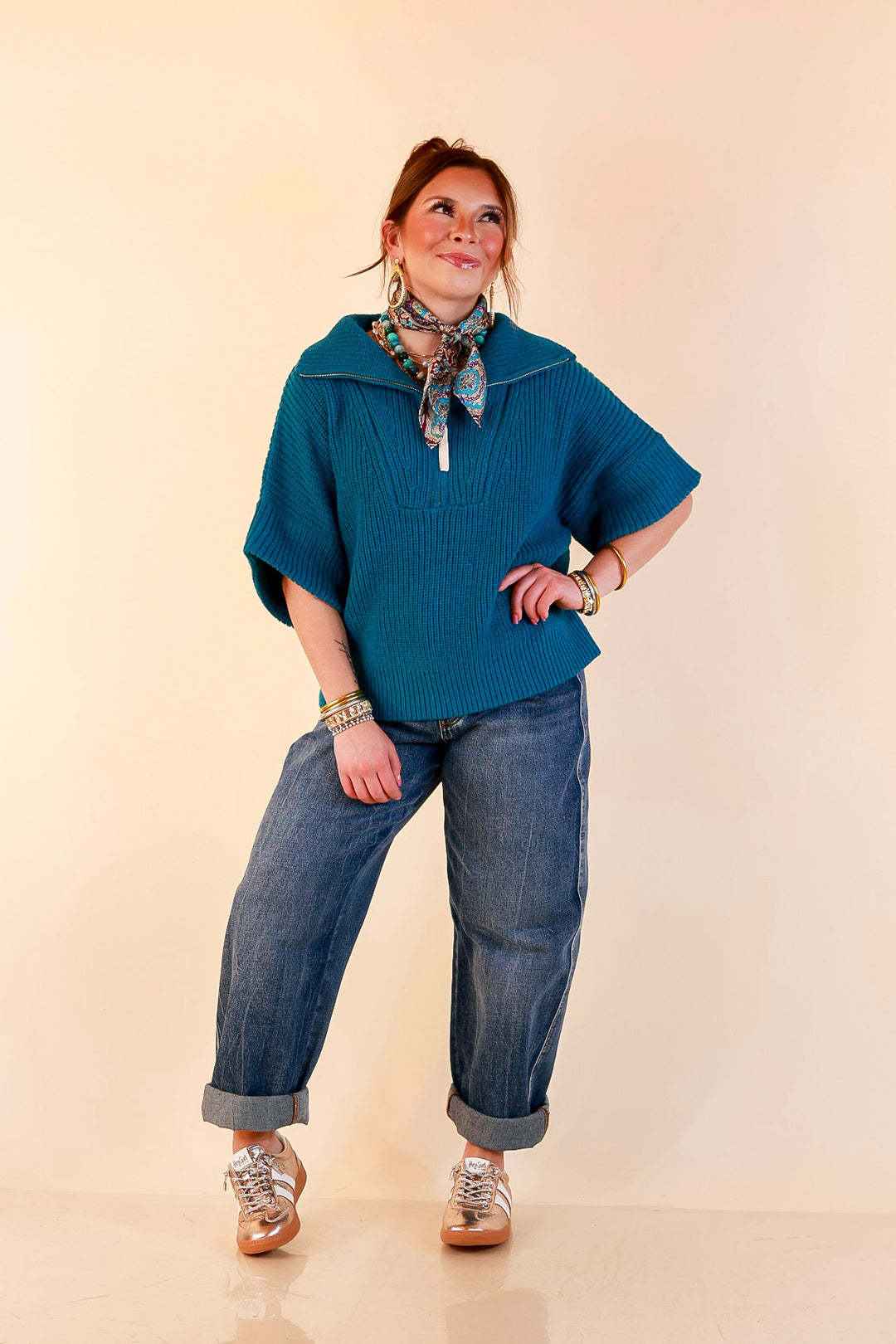 Zipped and Ready Ribbed Knit Half Zip Collared Short Sleeve Sweater Top in Teal