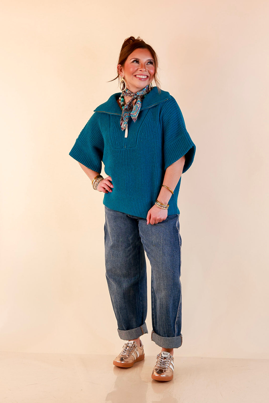 Zipped and Ready Ribbed Knit Half Zip Collared Short Sleeve Sweater Top in Teal