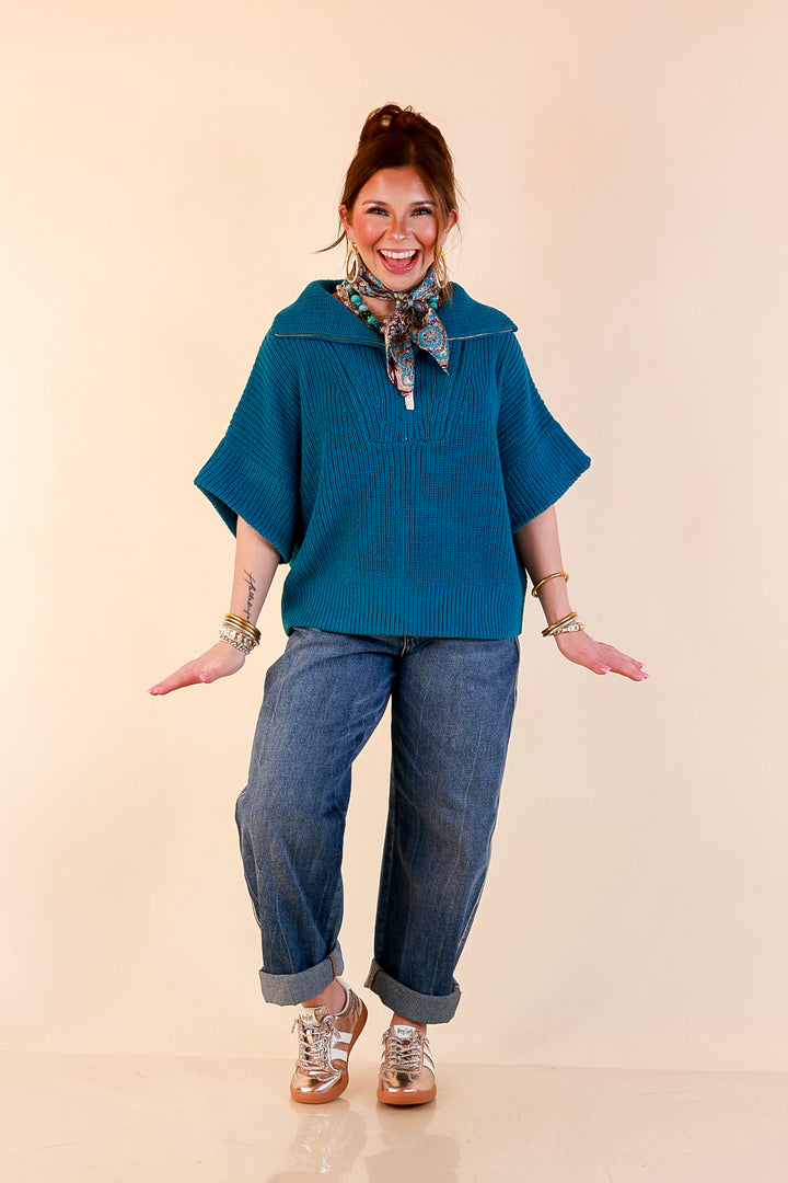 Zipped and Ready Ribbed Knit Half Zip Collared Short Sleeve Sweater Top in Teal