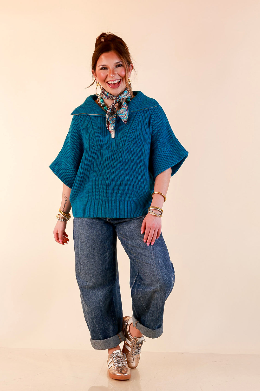 Zipped and Ready Ribbed Knit Half Zip Collared Short Sleeve Sweater Top in Teal