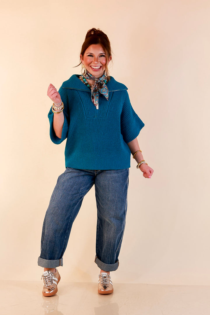 Zipped and Ready Ribbed Knit Half Zip Collared Short Sleeve Sweater Top in Teal