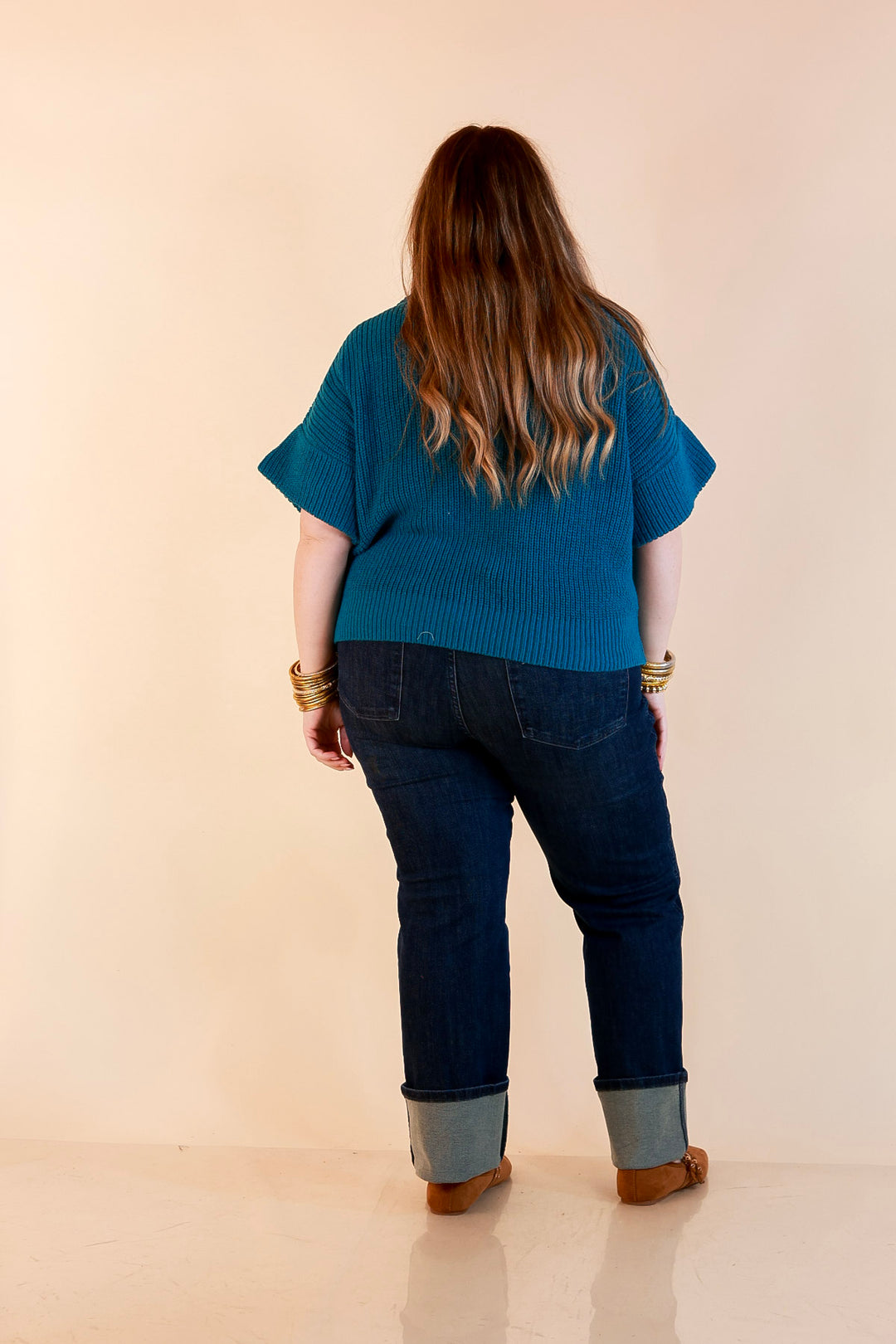 Zipped and Ready Ribbed Knit Half Zip Collared Short Sleeve Sweater Top in Teal
