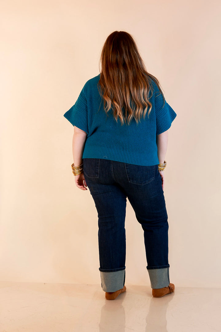 Zipped and Ready Ribbed Knit Half Zip Collared Short Sleeve Sweater Top in Teal