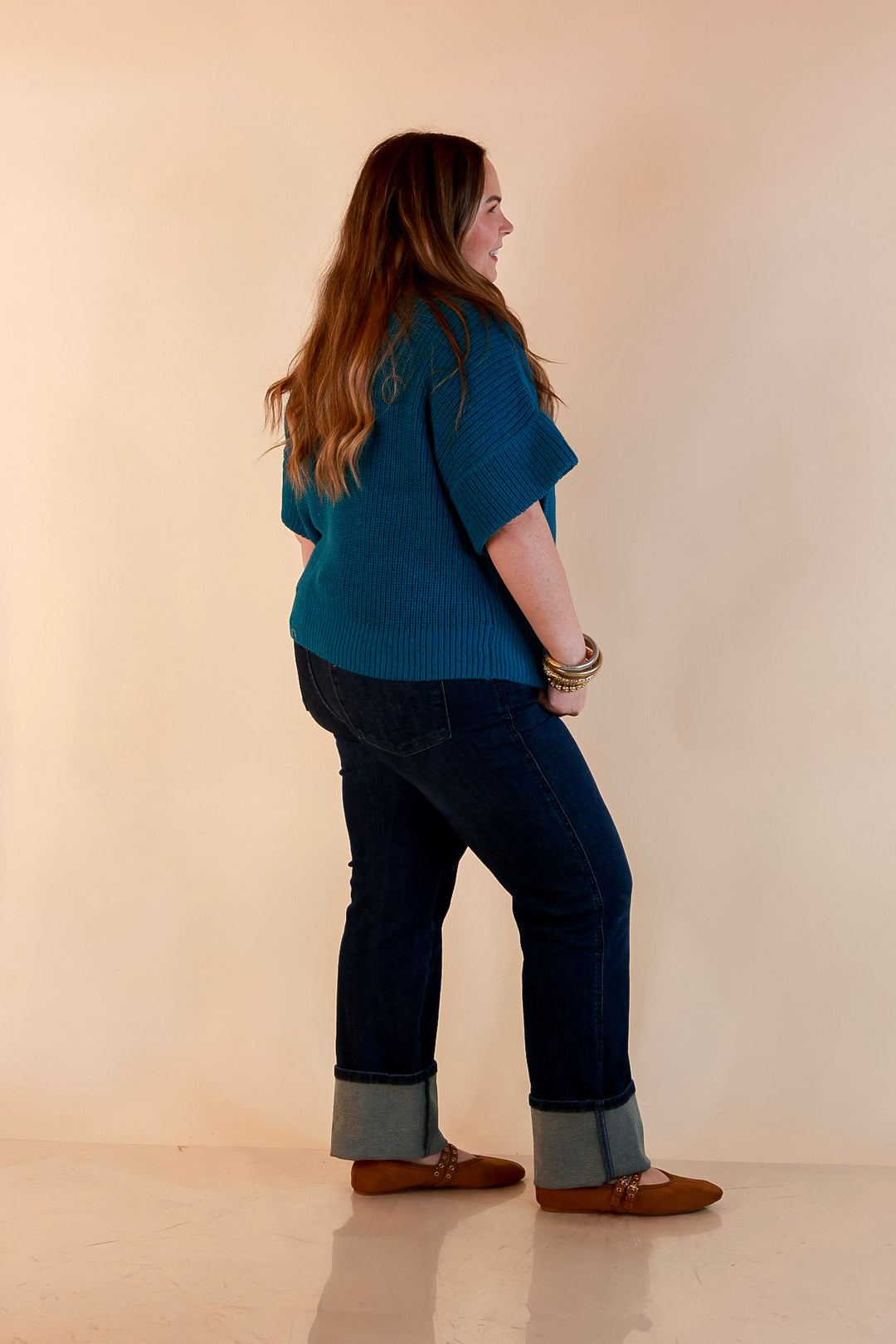 Zipped and Ready Ribbed Knit Half Zip Collared Short Sleeve Sweater Top in Teal