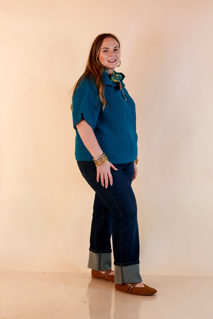 Zipped and Ready Ribbed Knit Half Zip Collared Short Sleeve Sweater Top in Teal